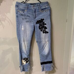 Custom embellished jeans. Grommets, lace, patches, Lucky size 8 jeans.
